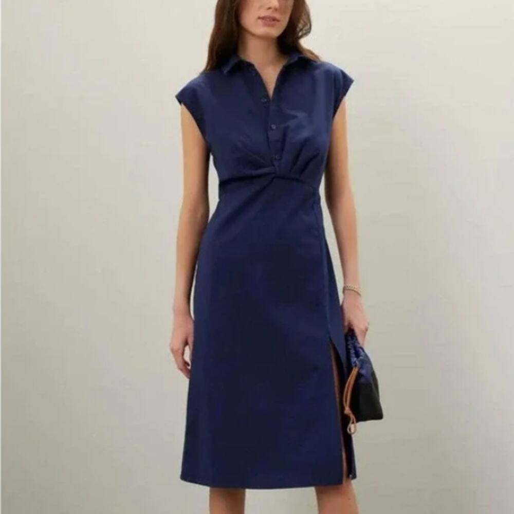 Area Stars Blue Midi Shirt Dress SMALL Career Work Linen Cotton Designer $150